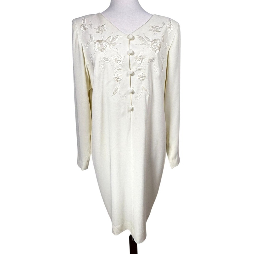 Vintage Liz Claiborne Ivory Dress Sheath Long Sleeve Embroidery Beading Size 6